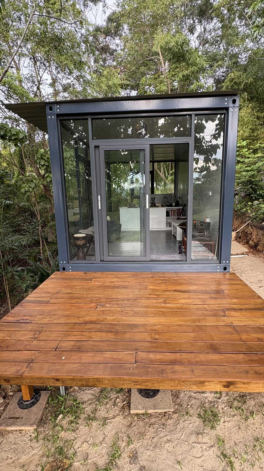 Portable building exterior side elevation with aluminium framing