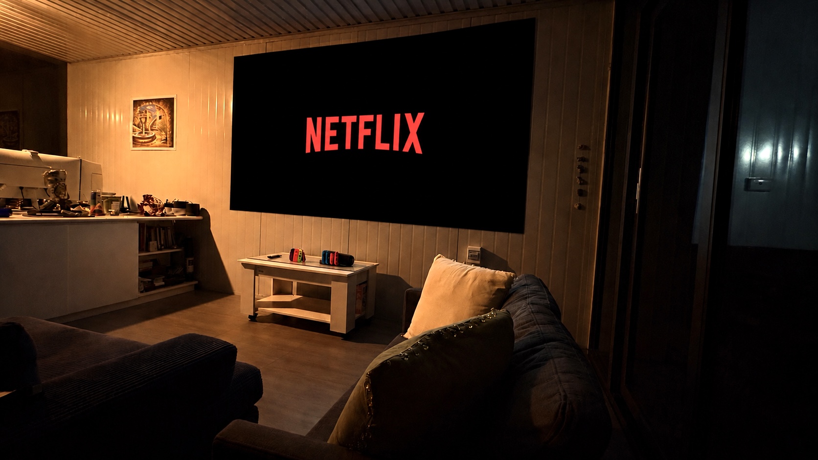 Media room pod interior set up for viewing